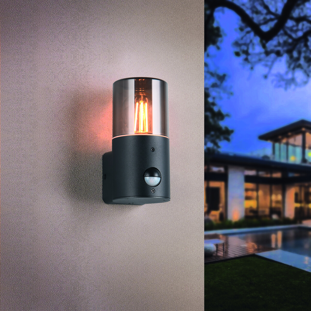 Aplica de perete pentru exterior cu senzor Hoosic TRIO 8.5x11.8x17.5 cm 28W 1x E27 aluminiu negru mat