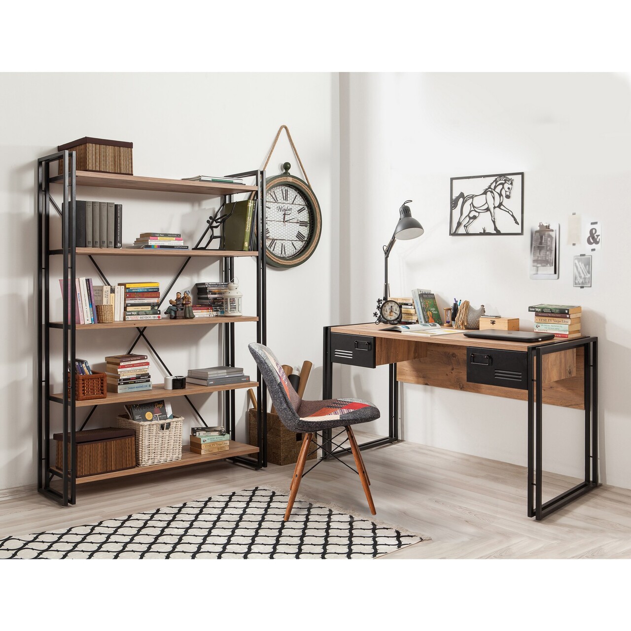 Set de mobilier pentru camera de studiu, Hanah Home, COSMO-TKM.8, Pin Atlantic / Negru — imaginea 2