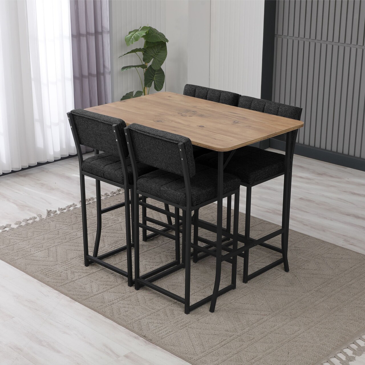 Set masa si 4 scaune de bar, Hanah Home, Retro, Antracit / Nuc - imagine 2