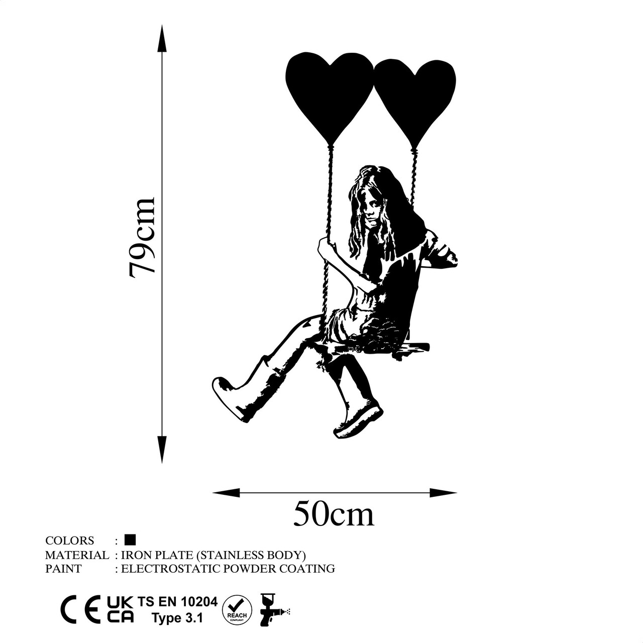 Decoratiune de perete, Banksy Art, Metal, Dimensiune: 50 x 79 cm, Negru