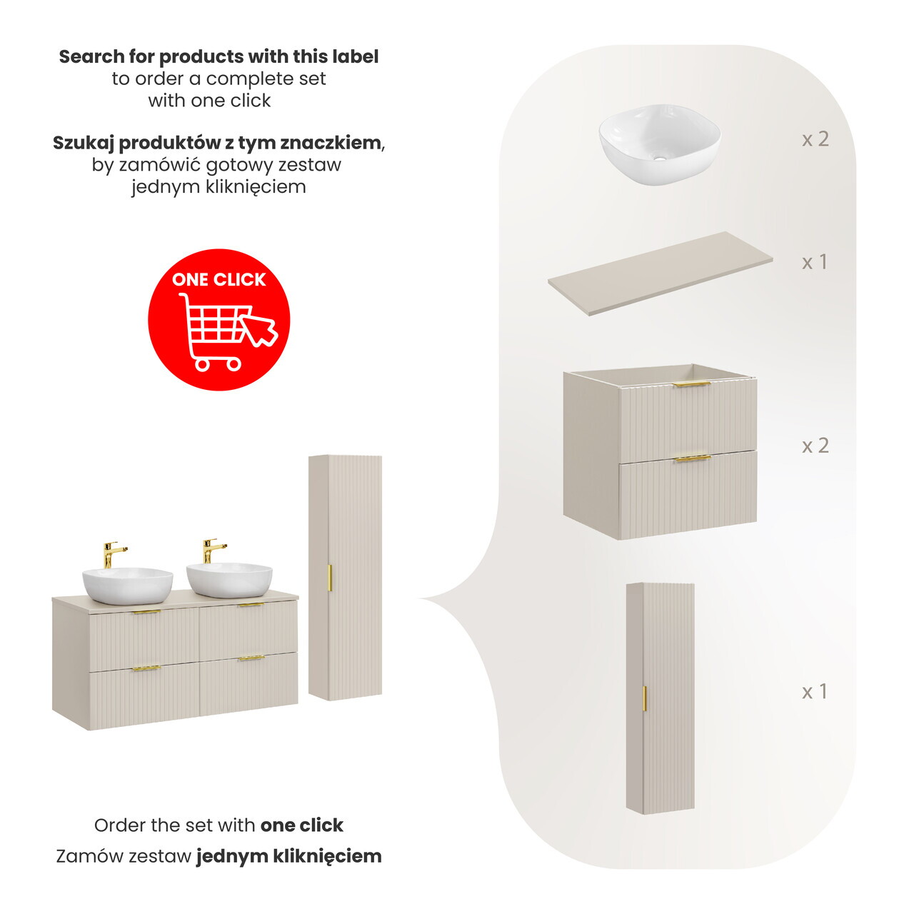 Set mobilier baie Adel Cashmere Smile 120 cm, dulap inalt si masca dubla cu lavoar, Comad, MDF/PAL, casmir — imaginea 2