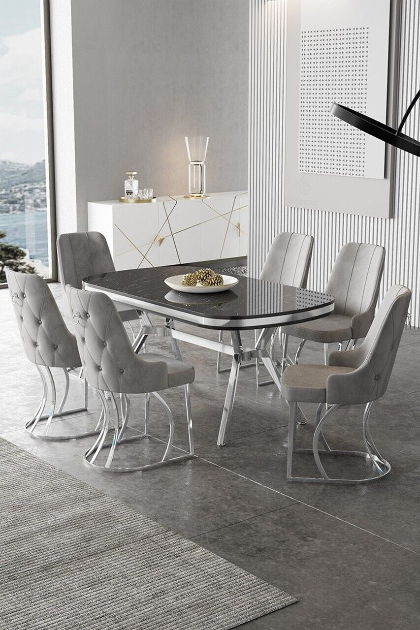 Set masa si scaune (7 piese), Hanah Home, Epal, Sonata / Crom / Gri