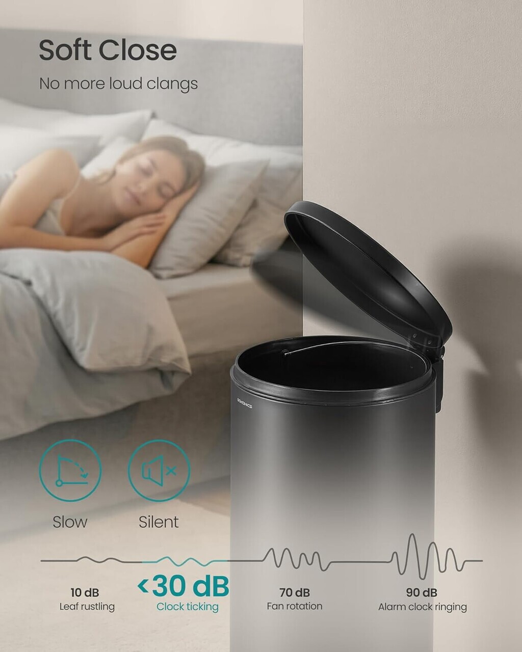 Cos de gunoi cu pedala 30L + 15 saci menajeri, Songmics, capac soft-close, otel, negru - imagine 3