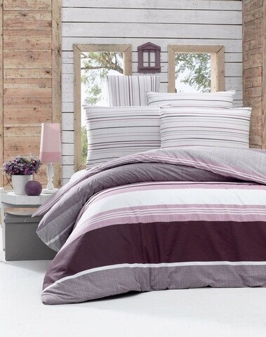 Lenjerie de pat dubla King Size, Victoria, Savoy Lilac, 4 piese, 100% bumbac ranforce, alb/lila Lenjerii de Pat