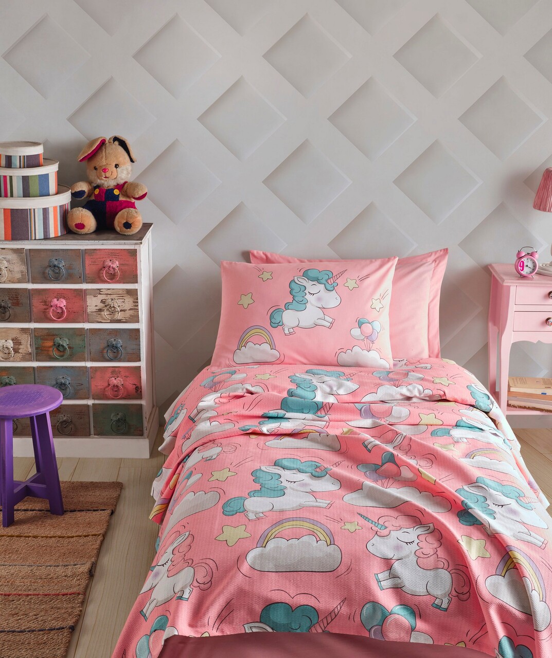 Cuvertura pique Single, Unicornio - Pink, EnLora Home, Bumbac