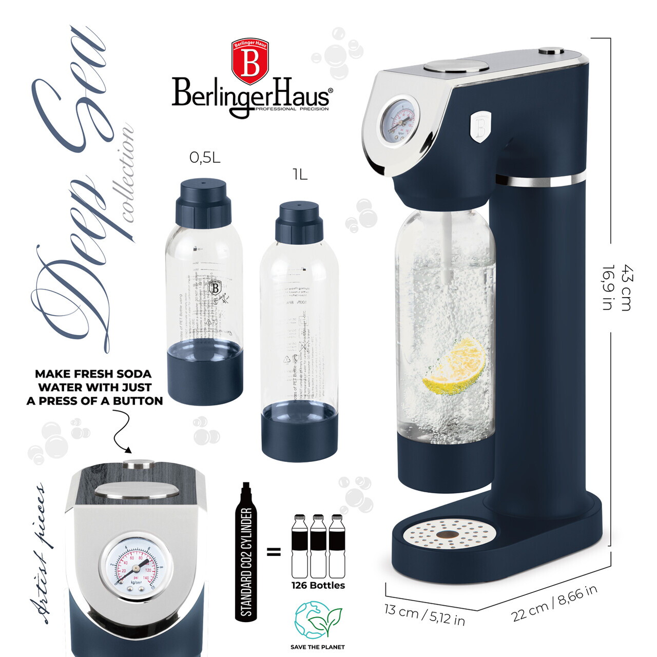 Aparat Sifon Berlinger Haus, Deep Sea, 12x22x43.5 cm, inox, albastru mat/gri - imagine 14
