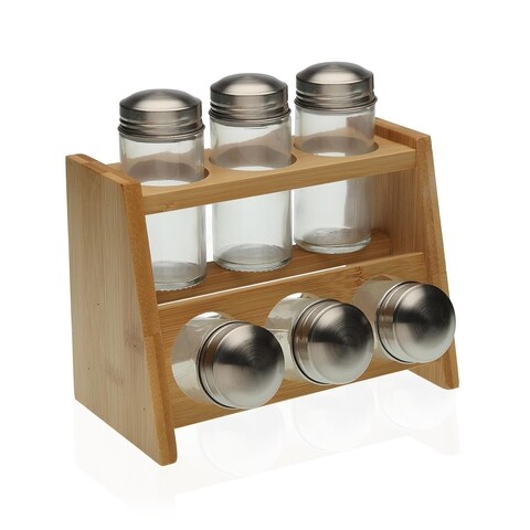 Set 6 recipiente pentru condimente si suport din bambus, Versa, 17 x 12.3 x 19 cm, 100 ml, sticla