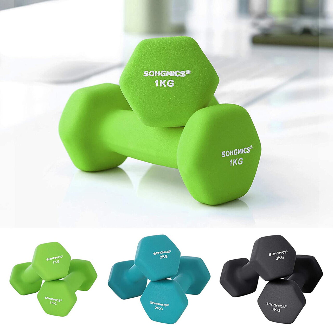 Set gantere fitness 6 piese cu suport, 2 x 1 kg + 2 x 2 kg + 2 x 3 kg, Songmics, neopren, verde/teal/gri inchis - imagine 4