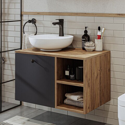 Dulap de baie cu chiuvetă, Hanah Home, 2453, 75x58x45 cm, MDF, Pin Atlantic / Antracit
