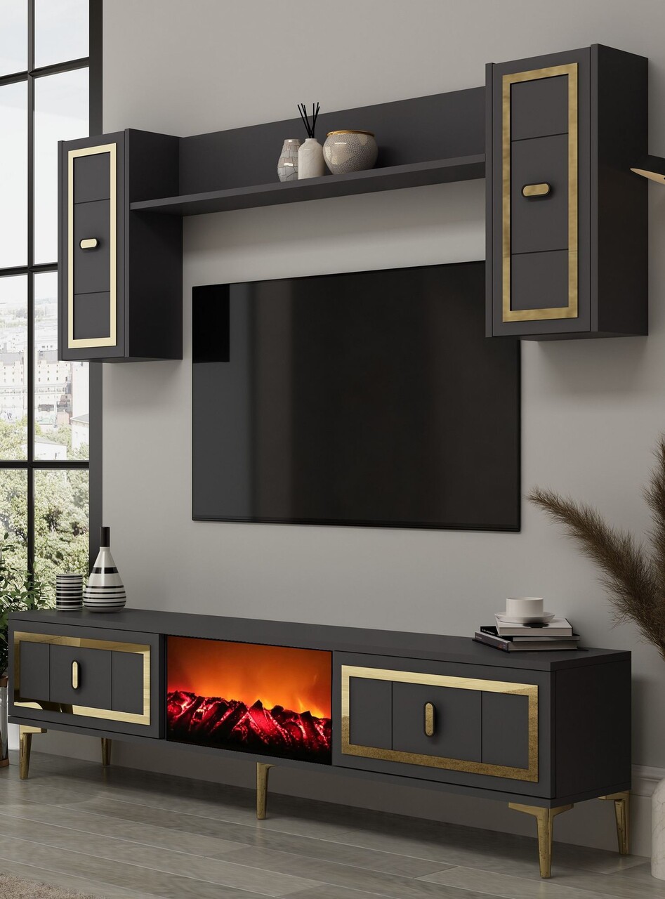 Comoda TV, Hanah Home, Orion Fireplace, 150x44.6x29.6 cm, PAL , Antracit / Aur - imagine 2