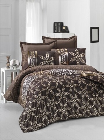 Poza Lenjerie de pat dubla King Size, Victoria, Urban, 6 piese, 100% bumbac satinat, tesatura Jacquard, maro