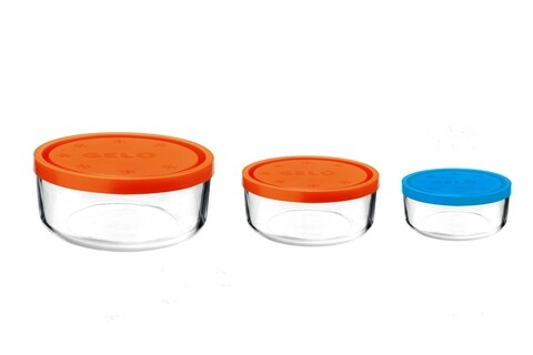 Set 3 caserole Frigoverre, Bormioli, 1250 ml/740 ml/340 ml, sticla, portocaliu/albastru