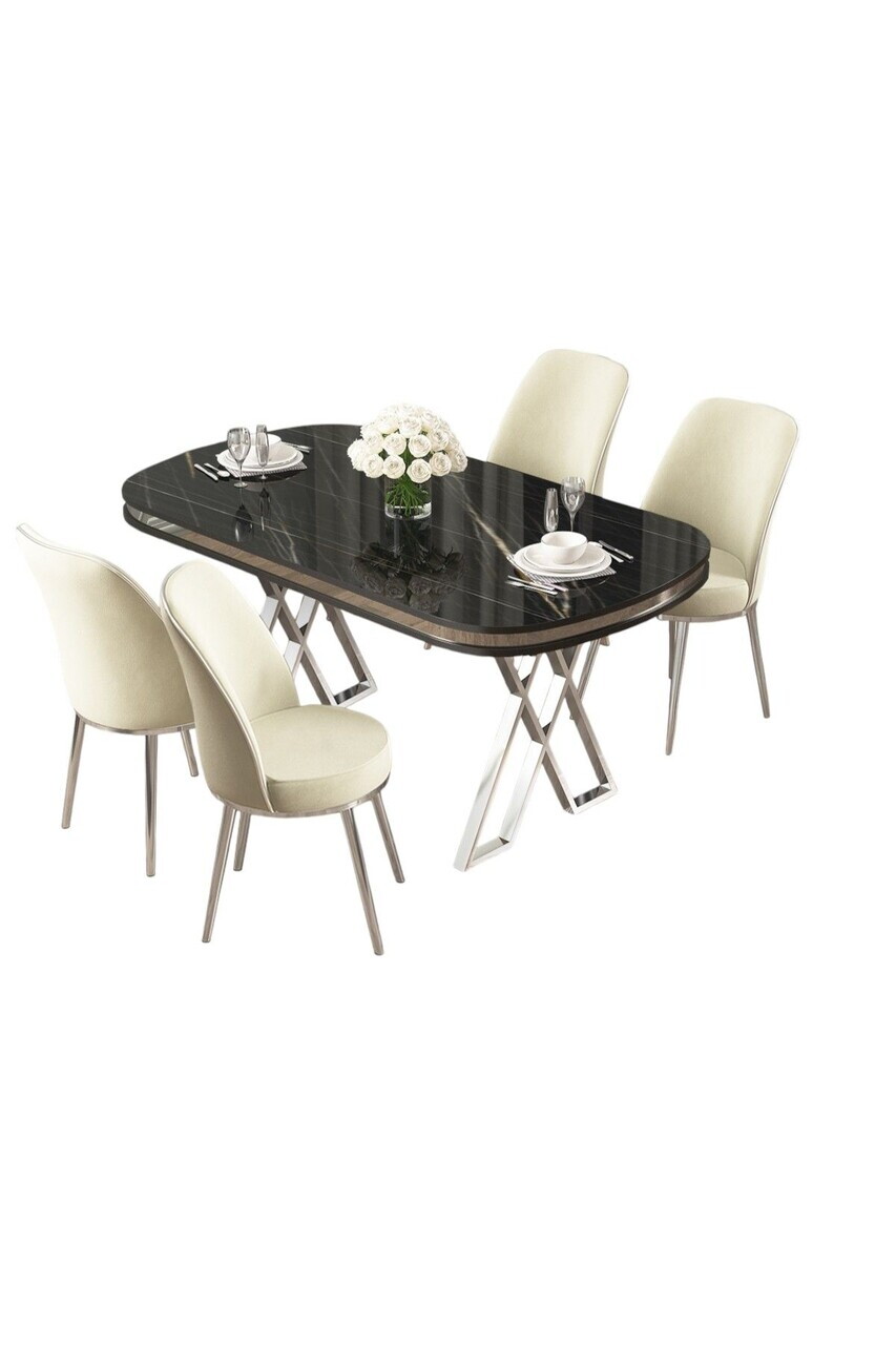 Set masa si scaune (5 piese), Hanah Home, Lai, Sonata / Crom / Cremă — imaginea 2