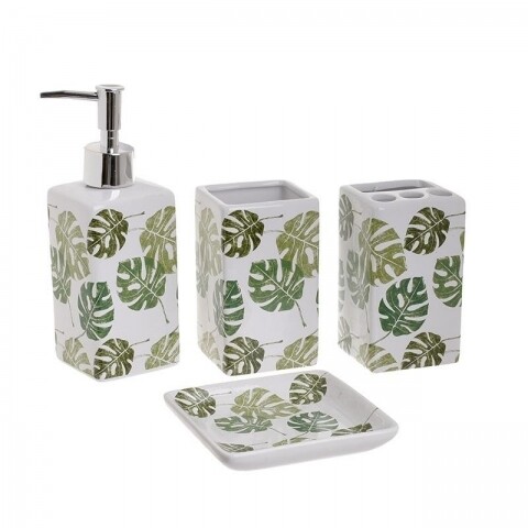 Set de baie Green Leaves, InArt, 4 piese, ceramica, alb/verde