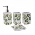 Set de baie Green Leaves, InArt, 4 piese, ceramica, alb/verde