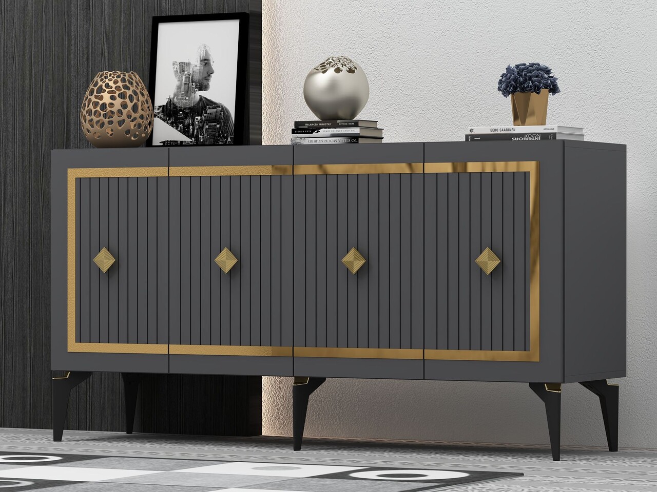 Consola, Hanah Home, Nova, 150x79x40 cm, PAL , Antracit / Aur - view 2
