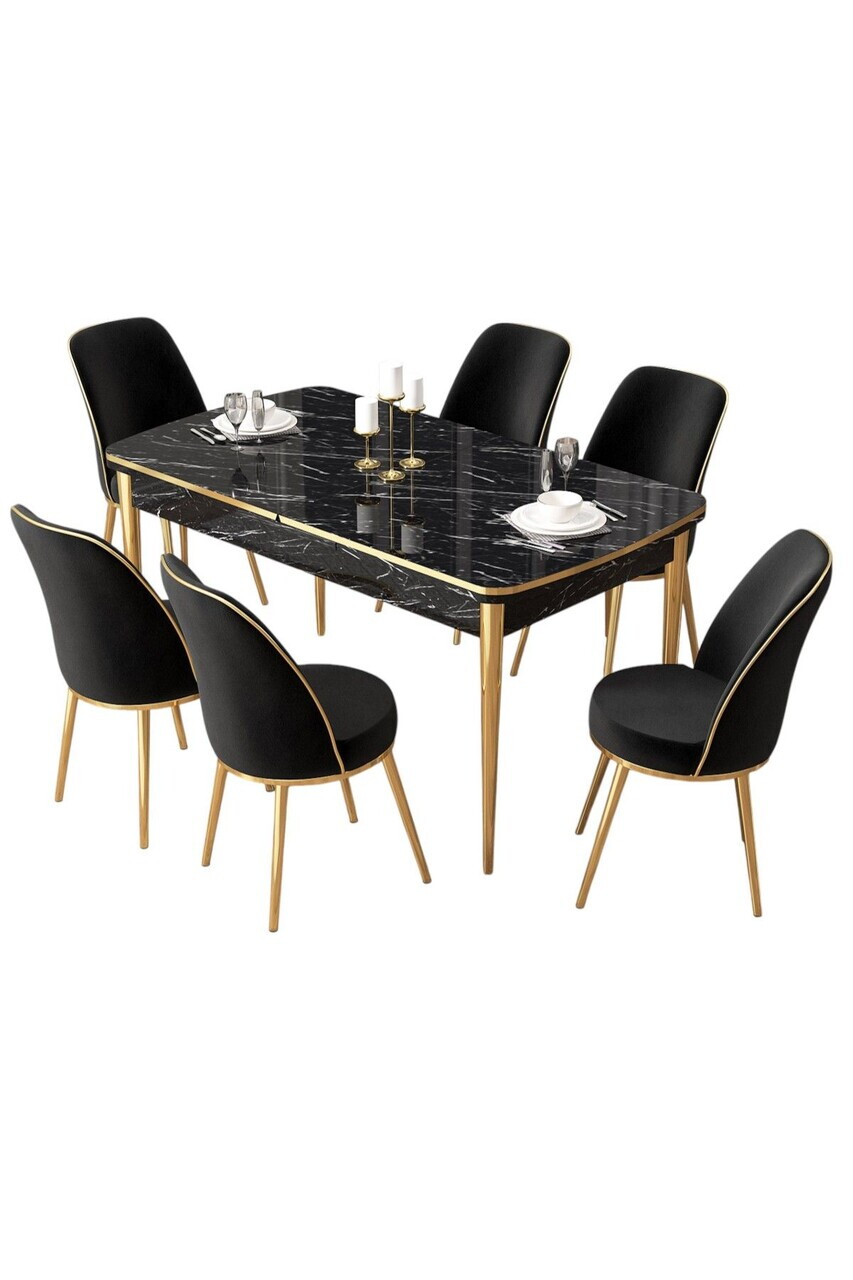 Set masa extensibila si scaune (7 piese), Hanah Home, Pale, Model de marmură neagră / Auriu / Negru — imaginea 2