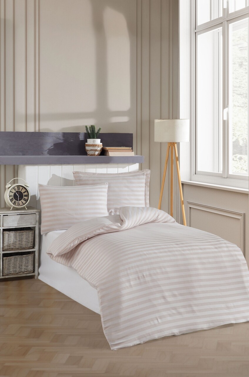 Lenjerie de pat pentru o persoana 2 piese, Water Yollu Saten - Beige, EnLora Home, 70% bumbac/30% poliester