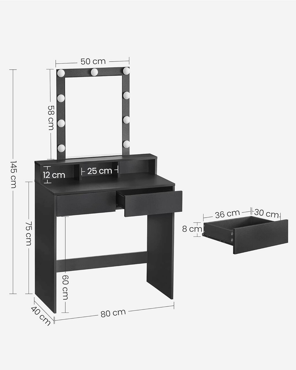 Masa de toaleta / machiaj cu oglinda si iluminare LED, Vasagle, 80 x 40 x 145 cm, PAL/sticla, negru