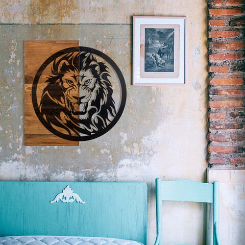 Decoratiune de perete, Lion Metal Decor, lemn/metal, 56 x 58 cm, negru/maro