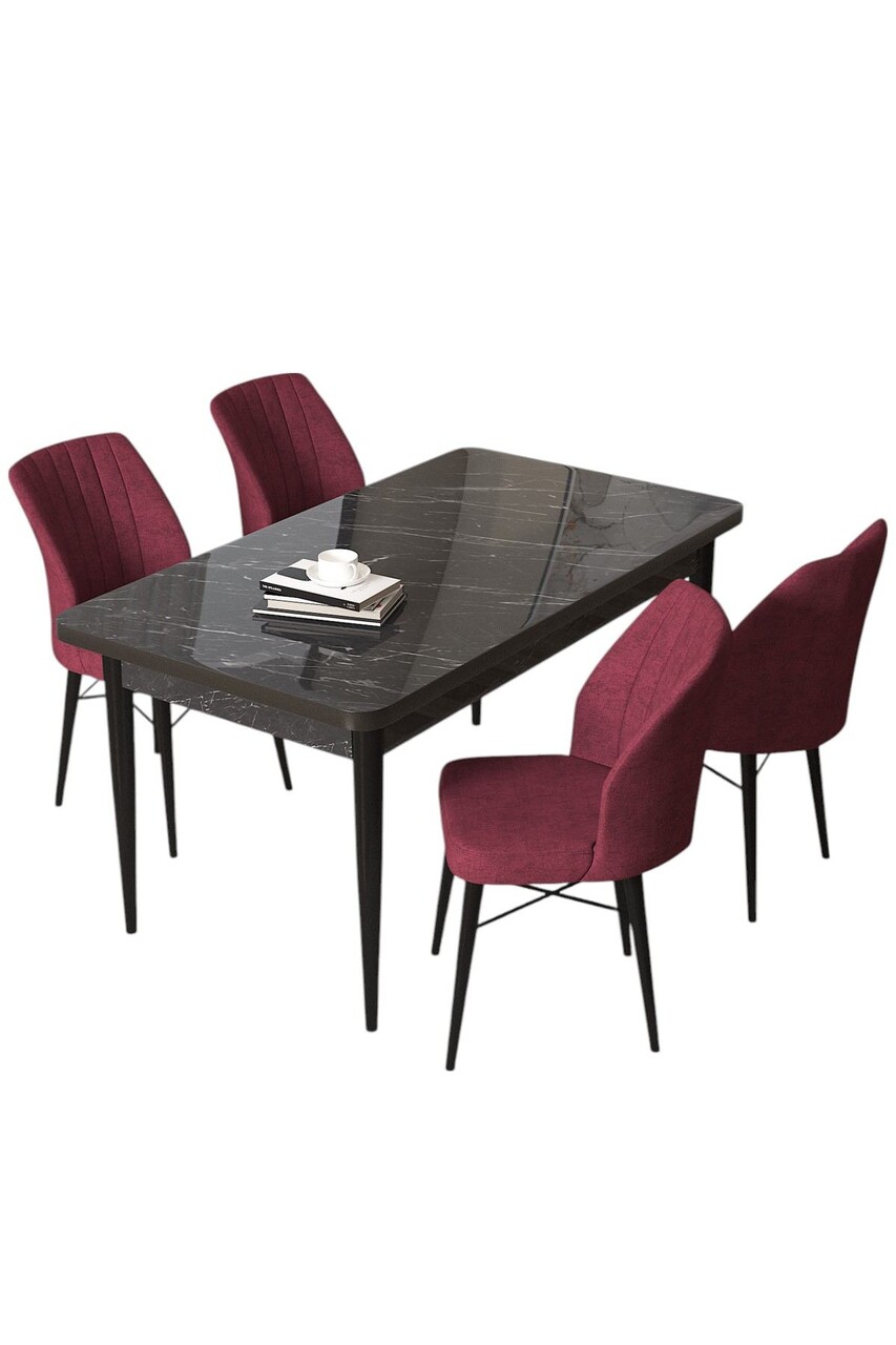 Set masă și scaune (5 bucăți), Hanah Home, Arp, Marmură neagră / Burgundia - view 2