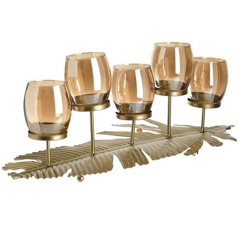 Suport pentru lumanari Leaf, InArt, 5 lumanari, 55 x 19 cm, fier/sticla, auriu