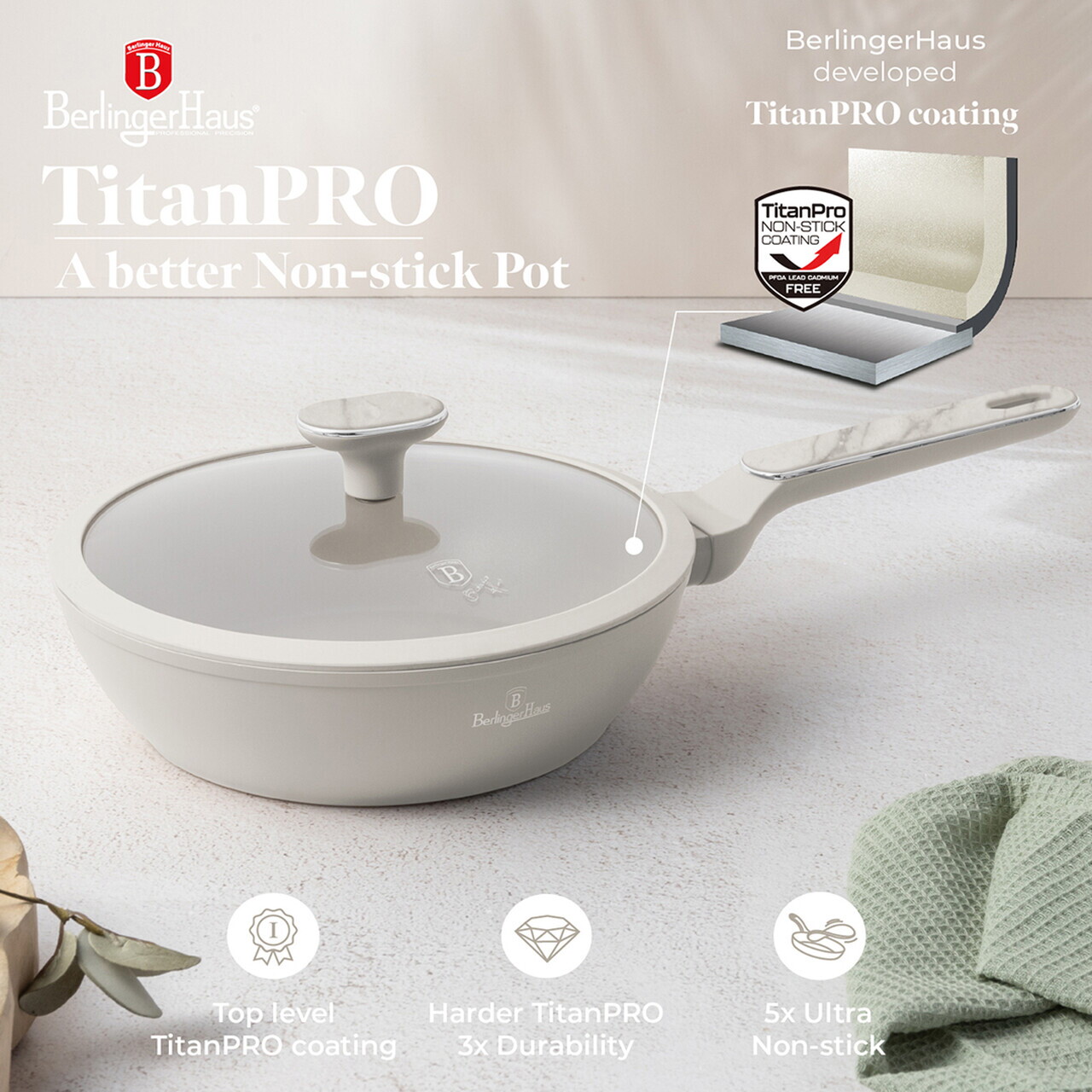 Tigaie adanca cu capac Berlinger Haus, Sahara Marble, 24 cm, 2.3 L, aluminiu forjat, crem mat/marmura - imagine 7