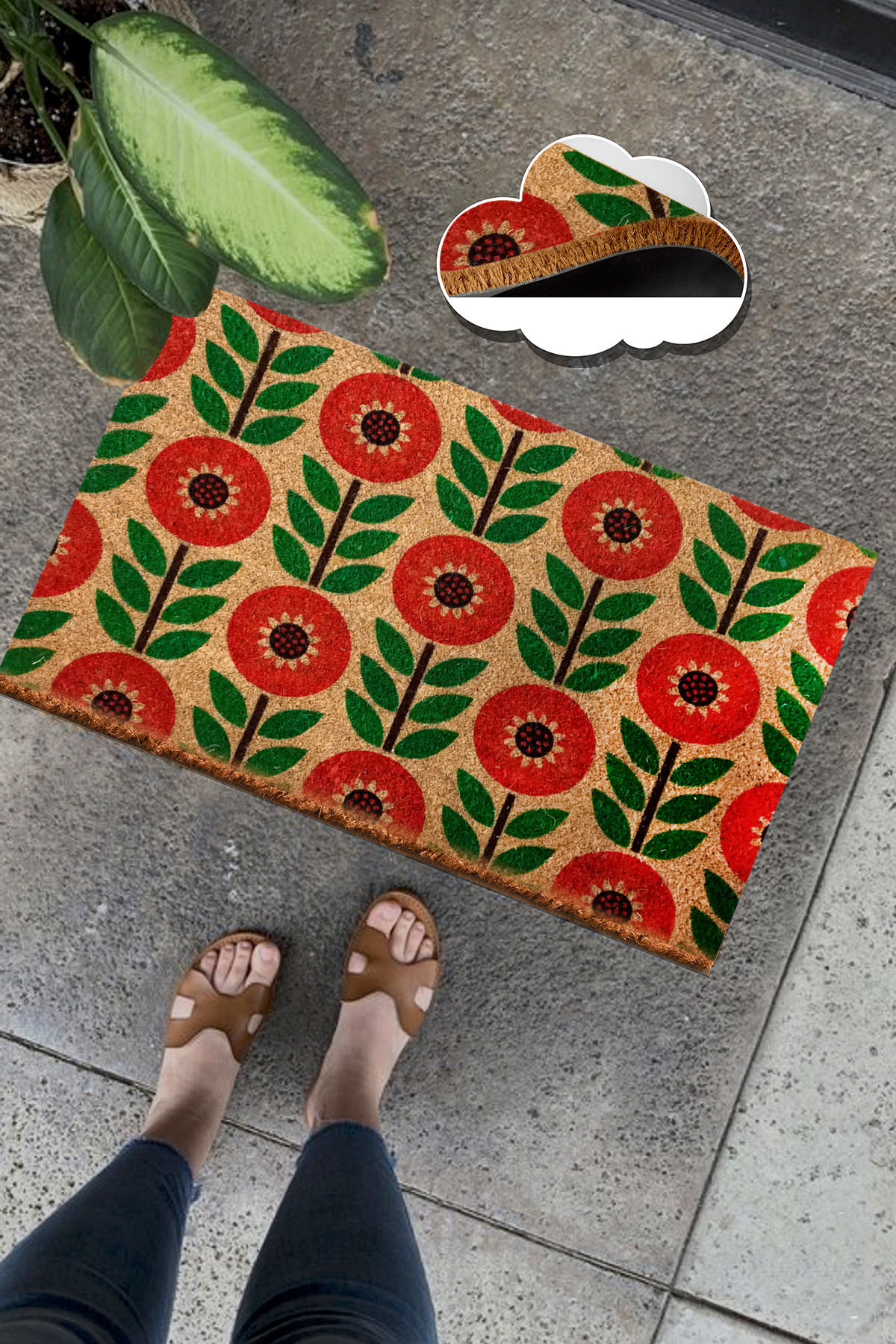 Covoras de intrare, Coco Red Asteraceae, 40x60 cm, COIR, Multicolor