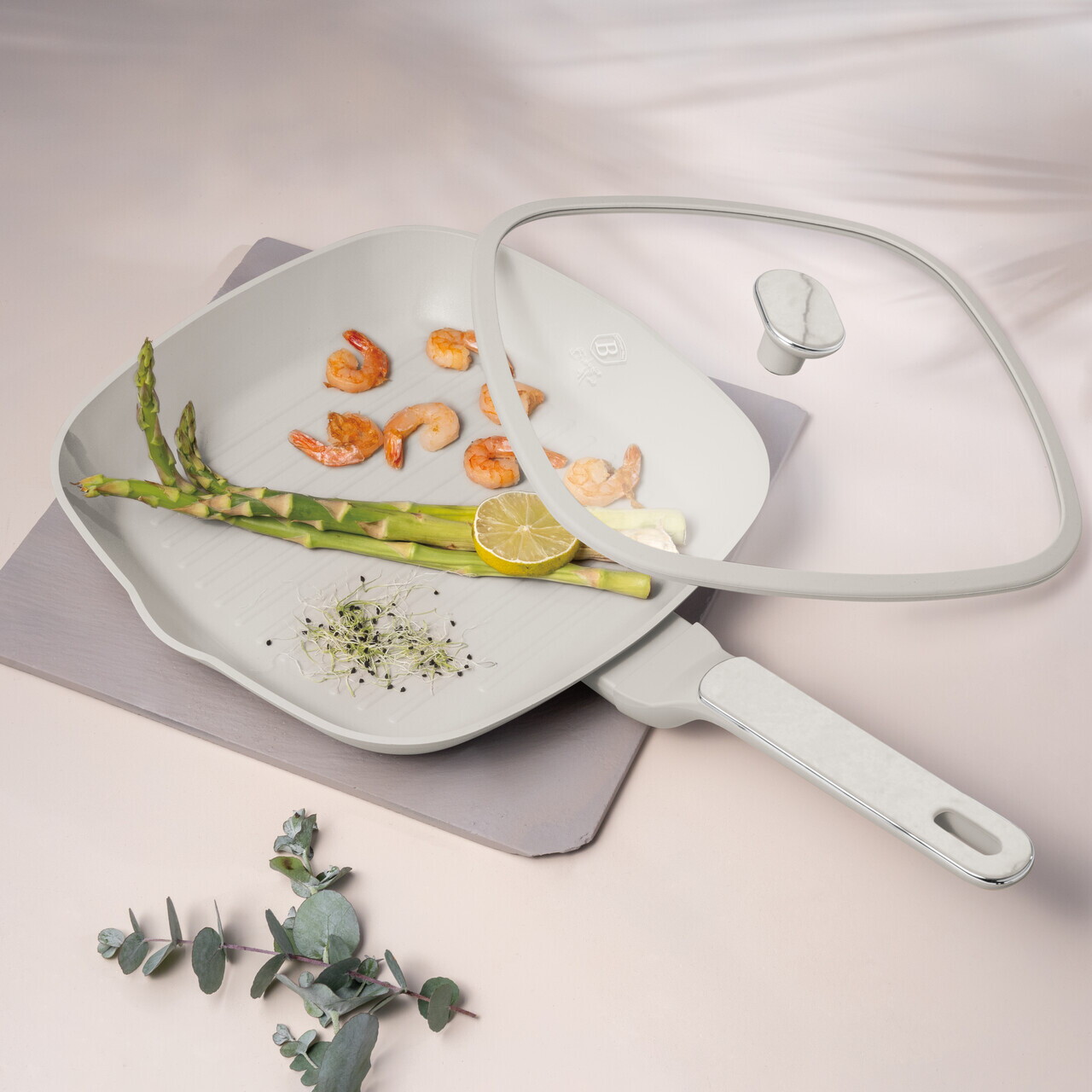 Tigaie grill cu capac Berlinger Haus, Sahara Marble, 28 cm, 2.1 L, aluminiu forjat, crem mat/marmura - imagine 8