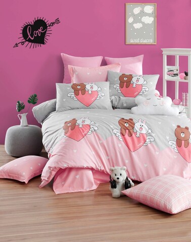 Lenjerie de pat dubla 3 piese, Felices – Pink, EnLora Home, Bumbac Ranforce EnLora Home