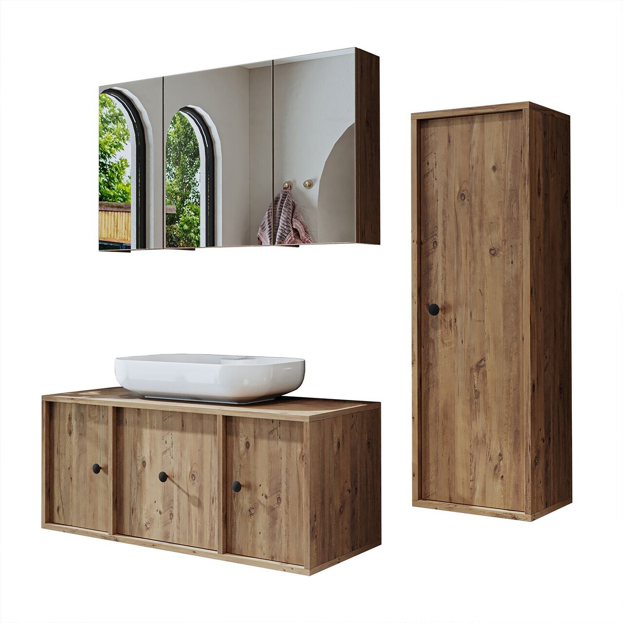 Set Dulap de Baie cu Chiuvetă și Oglindă (3 Piese), Hanah Home, 2575, MDF, Maro — imaginea 6