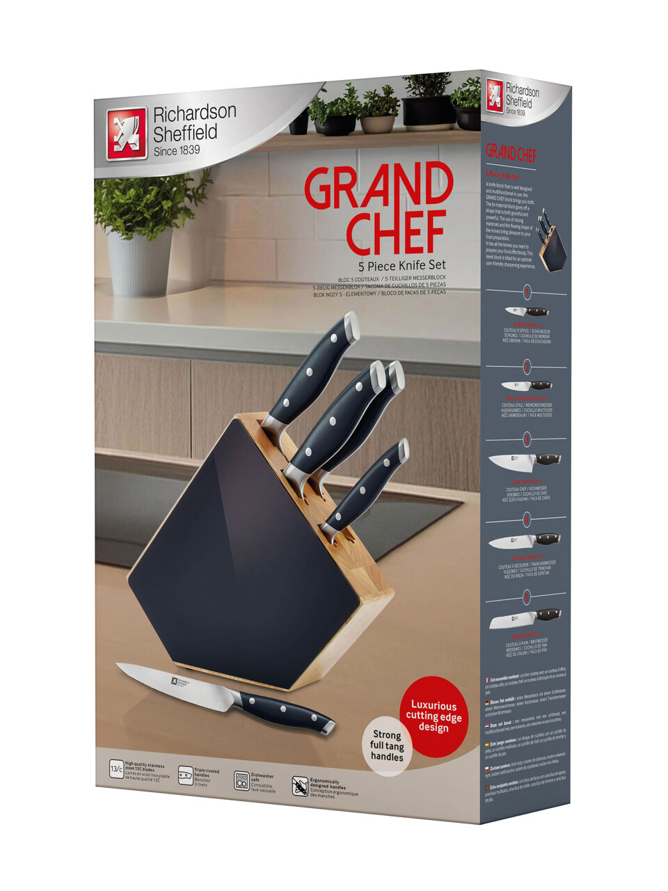 Set 5 cutite si suport Grand Chef, Richardson Sheffield, 9 cm/13 cm/ 20 cm, inox 13/0, negru — imaginea 5