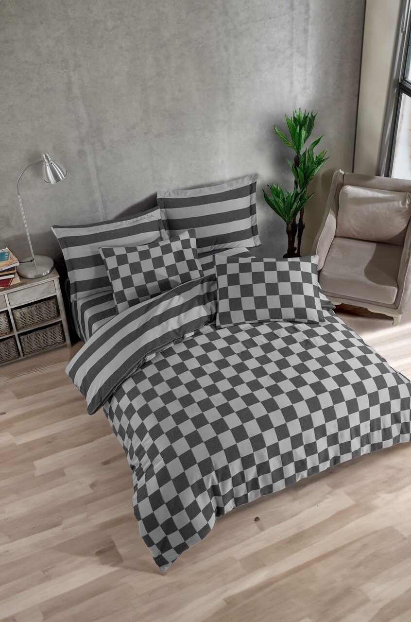 Lenjerie de pat dubla 3 piese, Kareli Saten - Black, EnLora Home, 70% bumbac/30% poliester