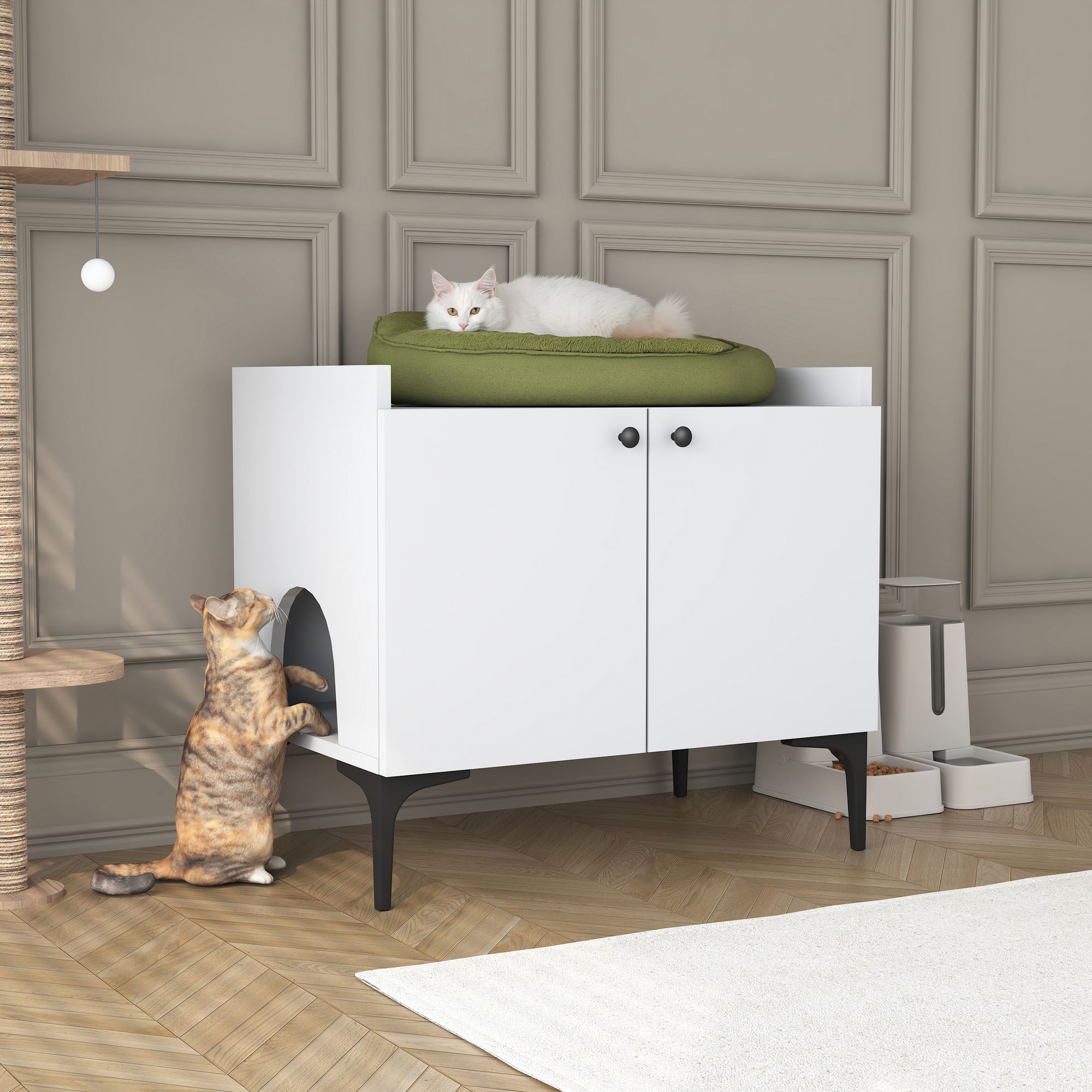 Casă din lemn pentru pisici, Hanah Home, PA101, 70x61.8x45 cm, PAL MELAMINAT CALITATE E1, Alb