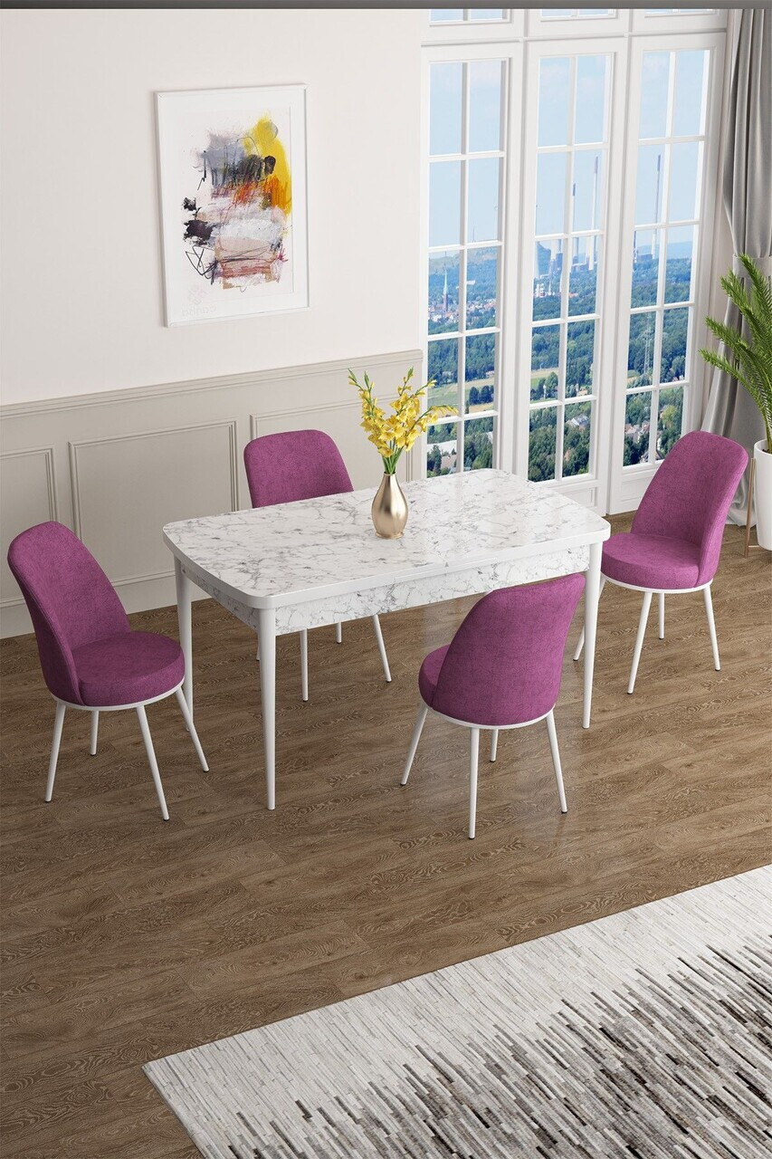 Set masa extensibila si scaune (5 piese), Hanah Home, Han, Model de marmură albă / violet
