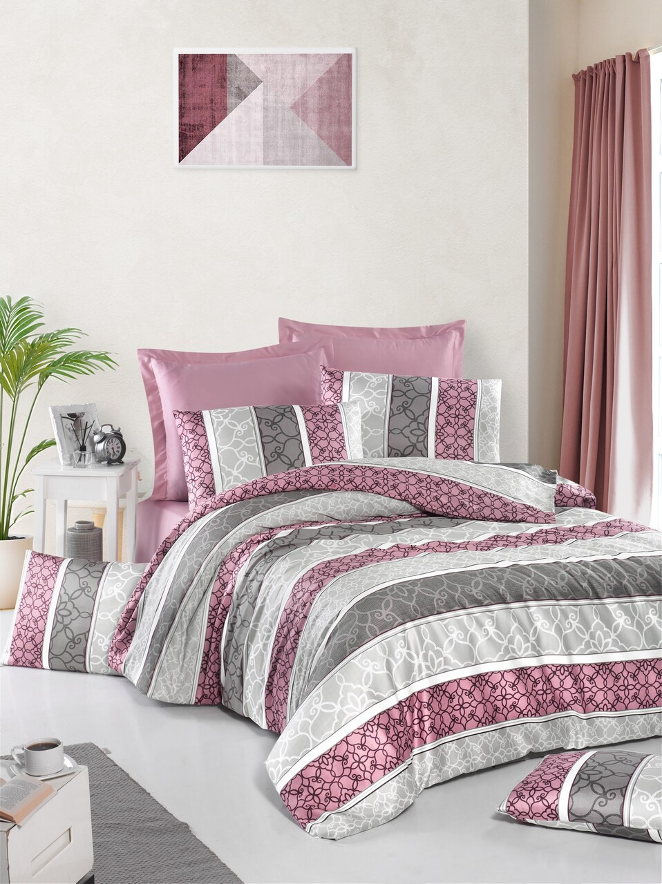 Lenjerie de pat dubla King (DE) L'essentiel Maison Orya Roz deschis / Gri / Alb