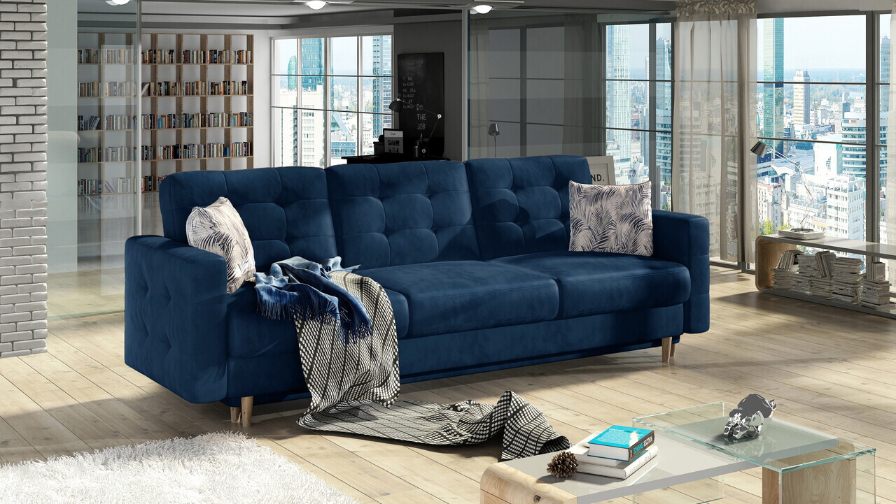 Set canapea extensibila 3 locuri si fotoliu ELTAP, Asgard, 235x95x86 cm / 107x92x86 cm, lemn/poliester, albastru inchis - view 2