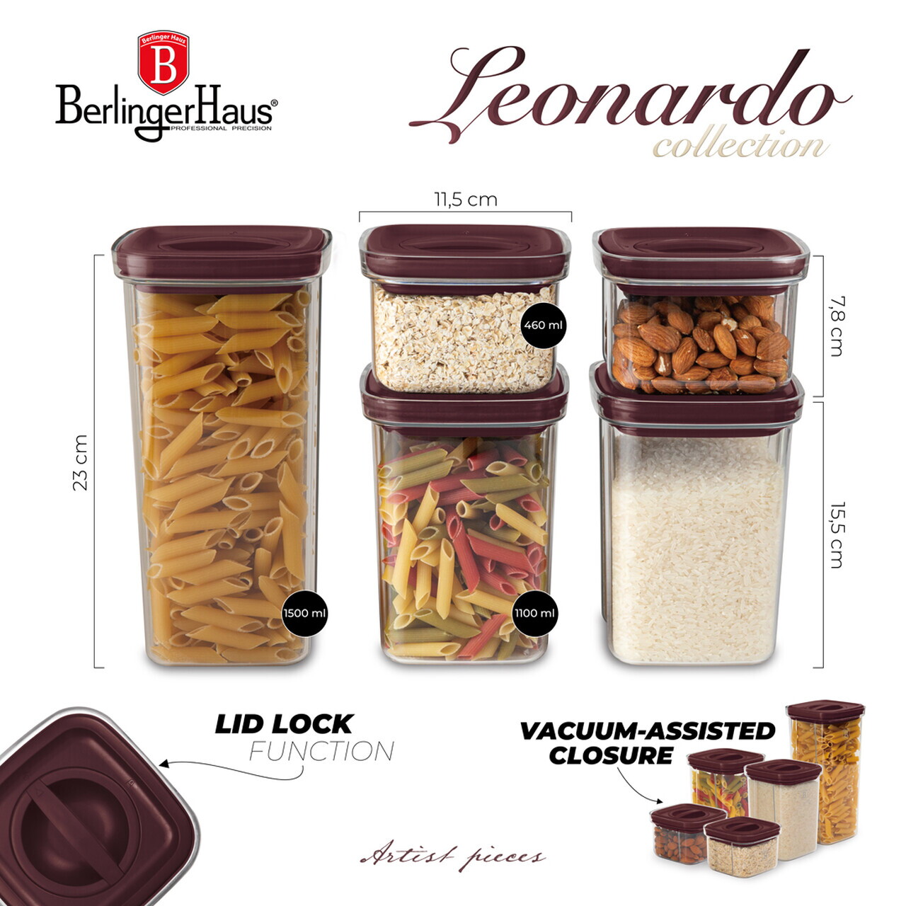 Set 5 recipiente depozitare Berlinger Haus, Leonardo, 460 ml / 1.1 L / 1.5 L, plastic, transparent/visiniu - imagine 10