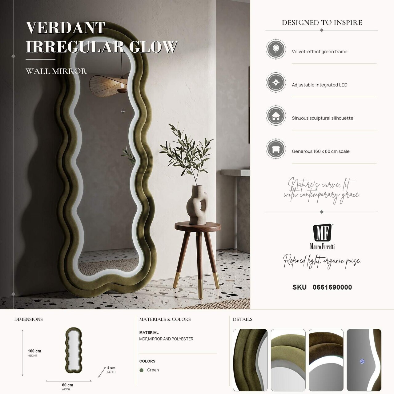 Oglinda de perete cu LED, Irregular Frame, Mauro Ferretti, MDF, 60x160 cm, verde — imaginea 3