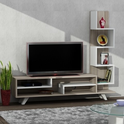 Comoda TV cu raft, Wooden Art, Isabel White Cordoba, 149.5x120x29.5 cm mezoni.ro