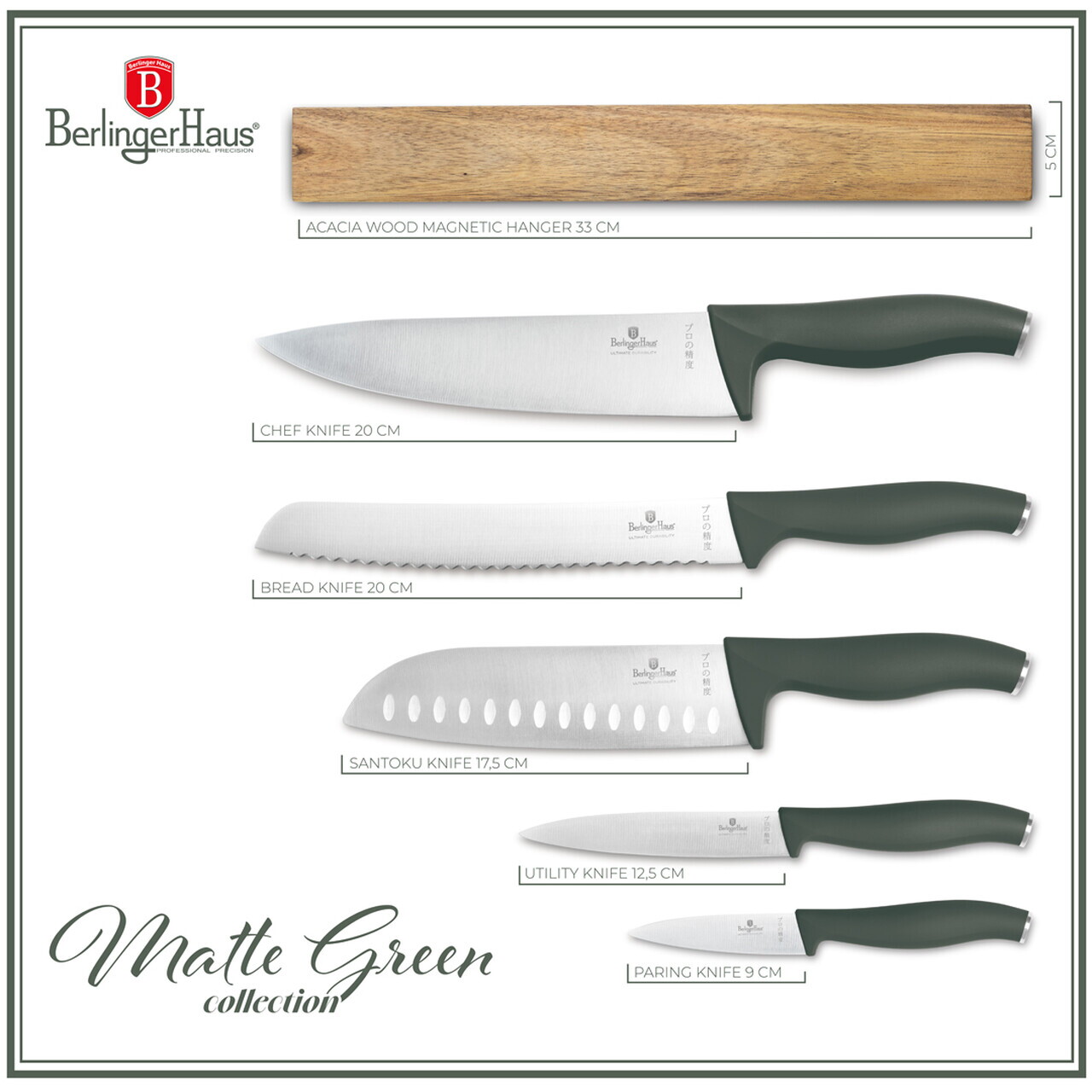 Set 5 cutite cu suport magnetic Berlinger Haus, Matte Green, inox/lemn, verde mat/natur - imagine 15