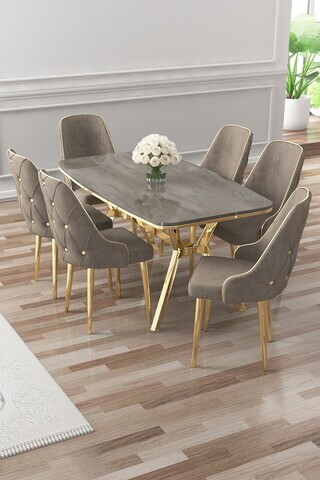 Set masa si scaune (7 piese), Hanah Home, Asel, Antracit / Auriu / Cappuccino