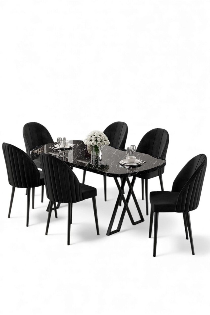 Set masă și scaune (7 piese), Hanah Home, Kaye, Marmură neagră / Negru - view 2