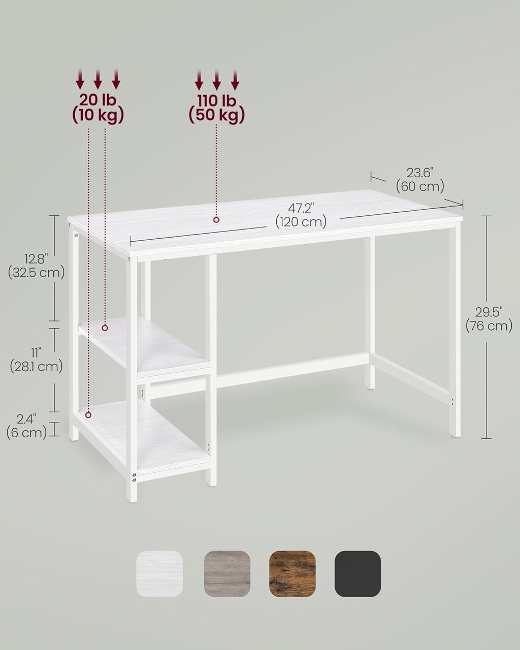 Birou cu 2 rafturi, Vasagle, 120x60x76 cm, PAL/otel, max 70kg, alb - imagine 6