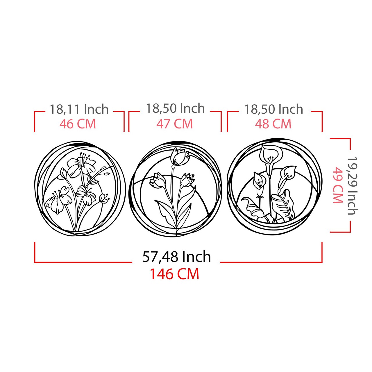 Decoratiune de perete, Flowers 5, metal, 146 x 49 cm, negru