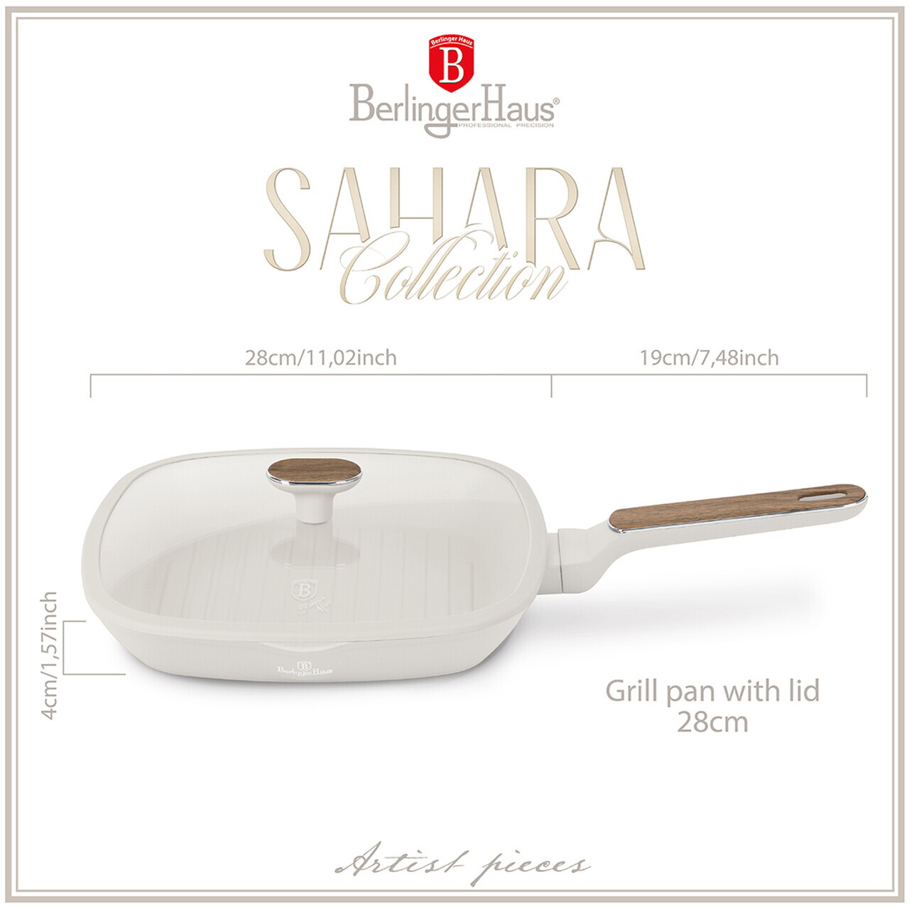 Tigaie grill cu capac Berlinger Haus, Sahara Nordic, 28 cm, 2.1 L, aluminiu forjat, crem mat/natur - imagine 5
