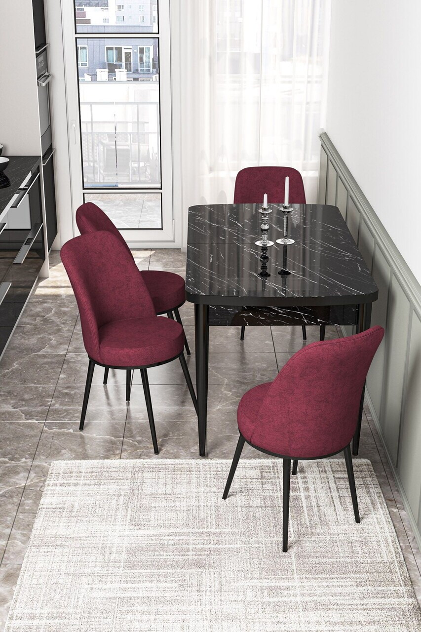 Set masa extensibila si scaune (5 piese), Hanah Home, Via, Model de marmură neagră / Burgundiu