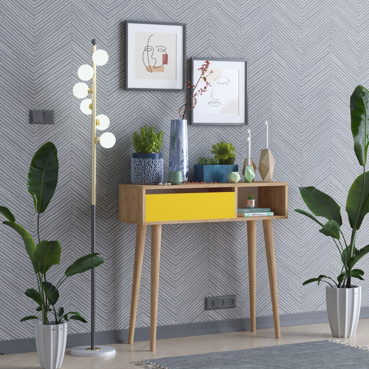 Bufet, Mod Design, ARLET, 100x30x94 cm, Stejar / Galben - 1 | YEO