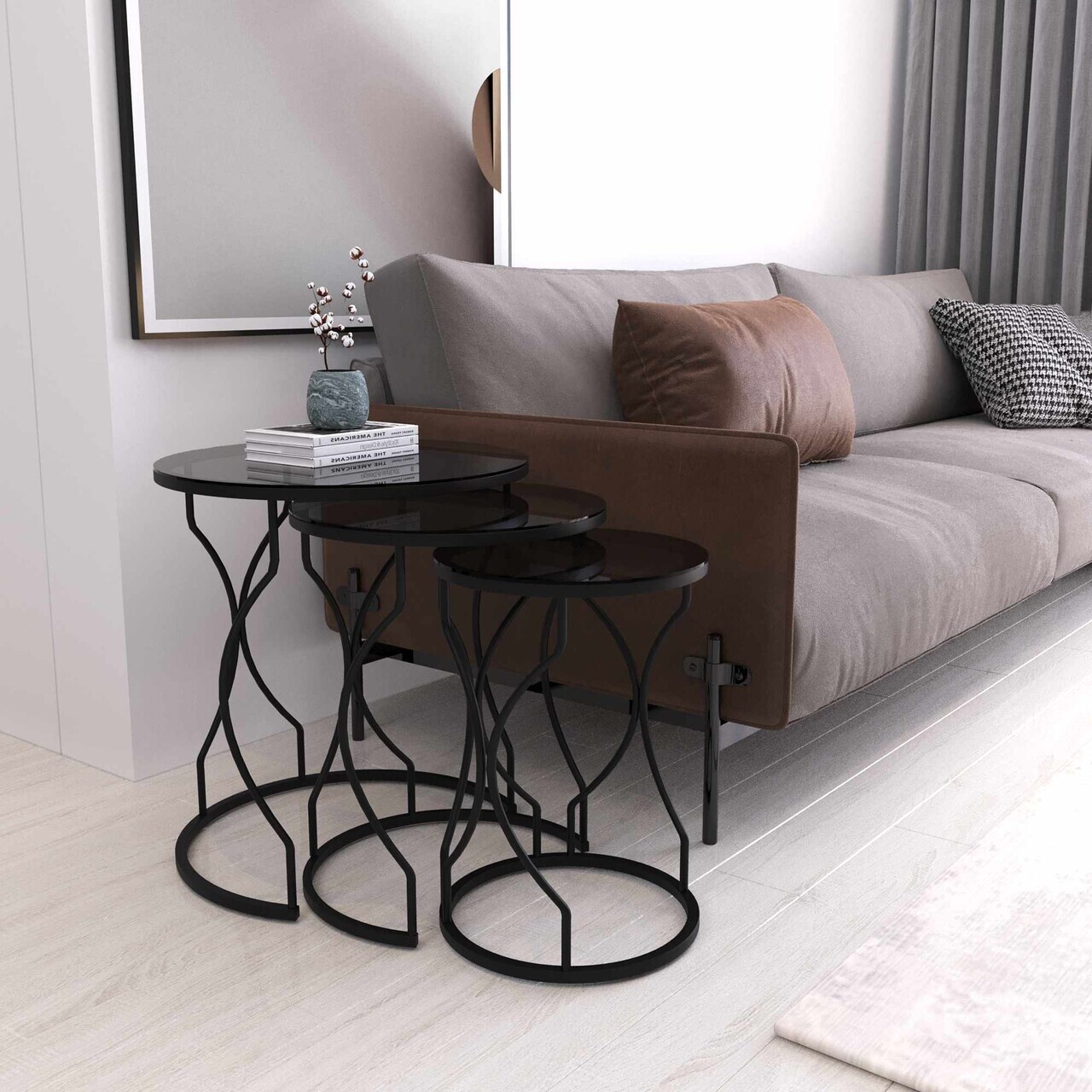 Set masute 3 piese, Hanah Home, Rüya, Negru / Fume — imaginea 2