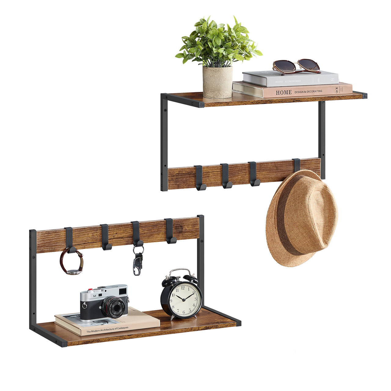 Set 2 rafturi de perete cu agatatori, Vasagle, 50x24.2x26.5, otel/PAL, negru